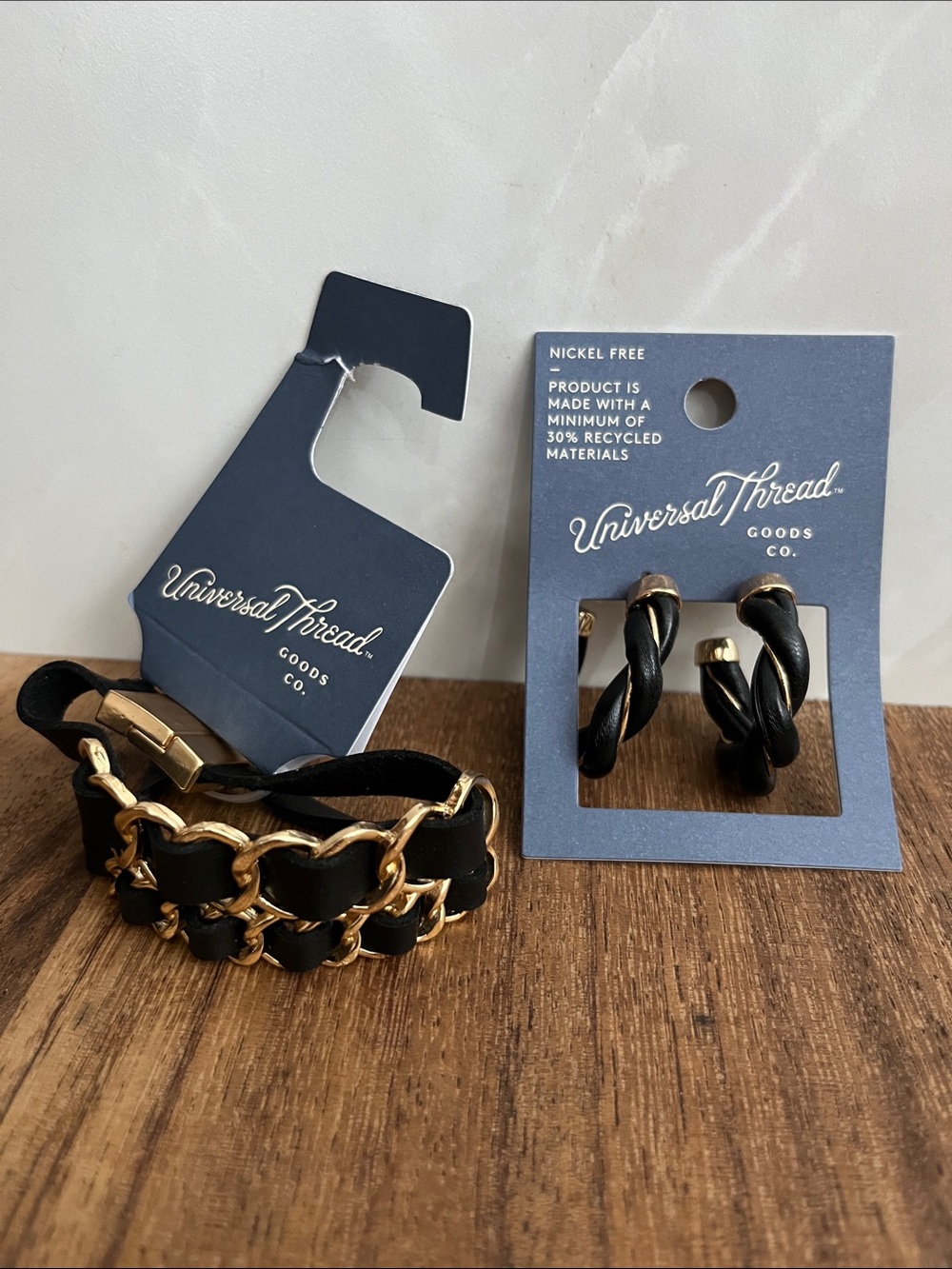 Universal Thread Black and Gold Braided Bracelet with Matching Hoop Earrings Set